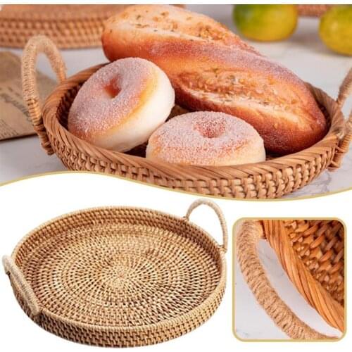 New Handwoven Rattan Storage Tray With Wooden Handle Round Wicker Basket Bread Food Plate Fruit Cake Platter Dinner Serving Tray