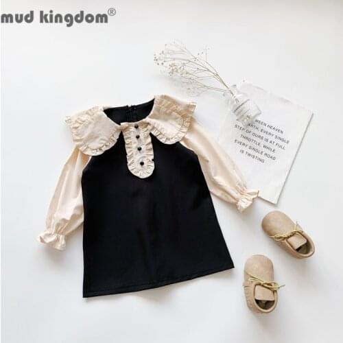 Mudkingdom Fashion Girls Dress Turn-Down Collar Puff Sleeve Patchwork Zipper A-line Dresses Toddler Drop Shoulder Autumn Clothes