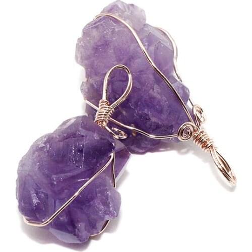 Natural Rock Quartz Pendant Necklace for Women Tumbled Purple Raw Irregular Crystal Wrapped Gold Wire Jewelry