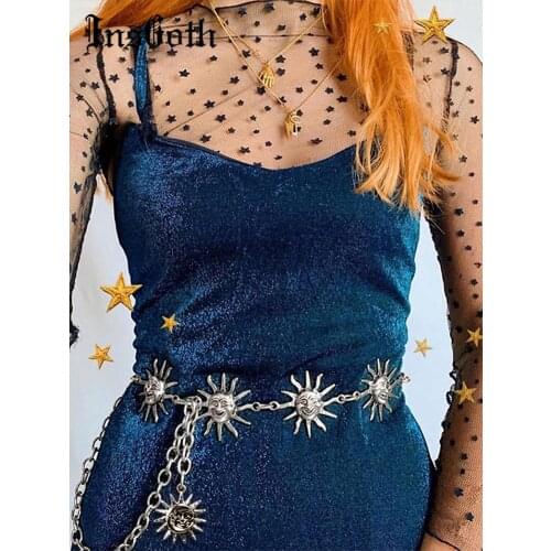 InsGoth Vintage Harajuku Sliver Sun Belts Women High Waist Belt Gothic Chian Patchwork Fashion Girls Waistbands Partyclub