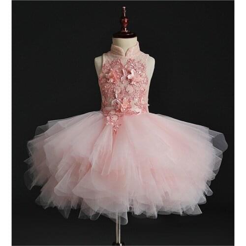 Pink Lace Baby Girl Dresses Appliques Infant Baptism Gown Layered Tulle Newborn Christmas Pageant Costume for Princess Wedding