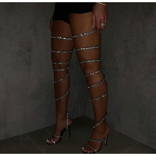 Over The Knee Gladiator Heels Crystal Sandal Boots Wrap Up Cut Out Thigh High Boots Open Toe Thin High Heel Summer Shoes Bling