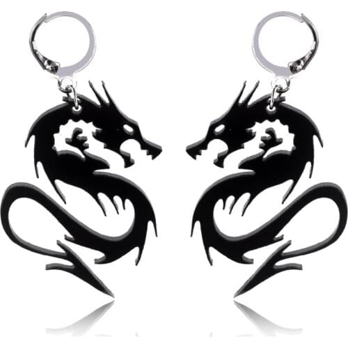 Chinese Style Mirror Surface Arcylic Dragon Earrings for Women Cool Black Gold Silver Color Twisted Animal Drop Earrings Jewelry