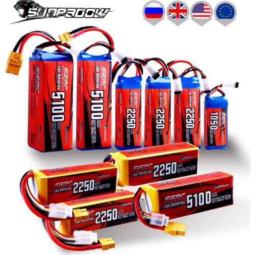 Sunpadow RC Lipo Battery 2S 3S 4S 6S 1050mAh 2250mAh 5100mAh 7.4V 11.1V 22.2V with JST XT60 XT90 Plug For RC Airplane Drone FPV