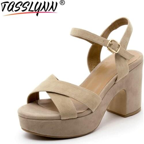 TASSLYNN 2019 Platform Women Sandals Kid Suede PU Wedding Summer Shoes Buckle Strap Square High Heels Party Sandals Size 34-39