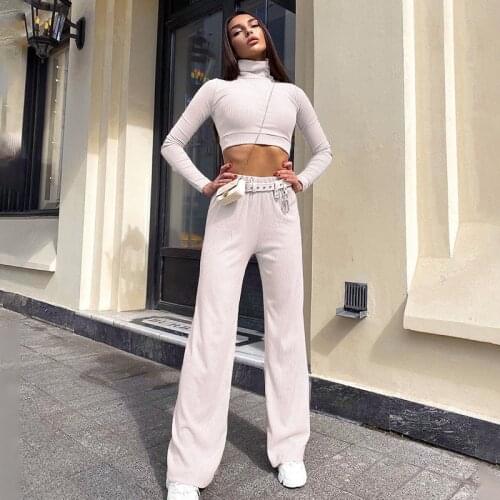 Casual Ribbed 2 Piece Set Women Crop Tops Long Sleeve Wide Leg Pants Tracksuits Matching Turtleneck Outfits Solid Fitness Suit