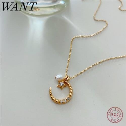 WANTME Three-Purpose Star Moon Irregular Pearl Pendant Chain Necklace for Women Genuine 925 Sterling Silver Party Jewelry Gift