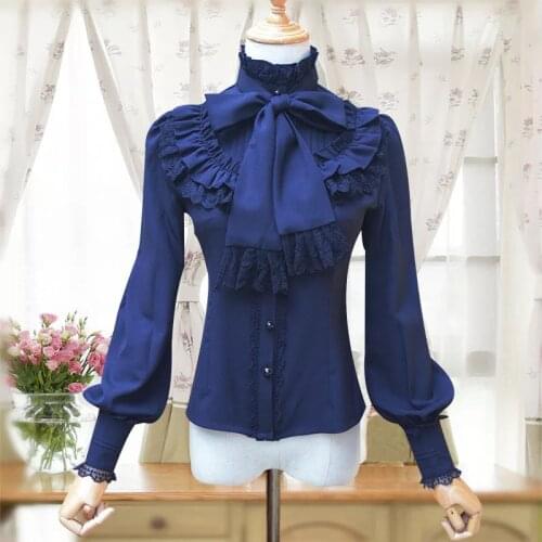 Dress Shirt Button Up Formal Jabot Top for Lady Girls Women High Collar Neck Bow Lace Lolita Blouse Victoria Costume Slim Fit