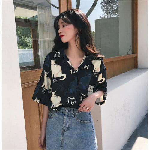 Womens Summer Blouse Black Cat Print Short Sleeve T-Shirts Ladies Trend Casual Exotic Japan Style White Womens Long Sleeve Top