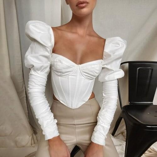 Women Autumn Vintage Puff Long Sleeve T Shirts Sexy Square Neck Corset Crop Top Irregular Hem Solid Color Stylish Slim Party Str