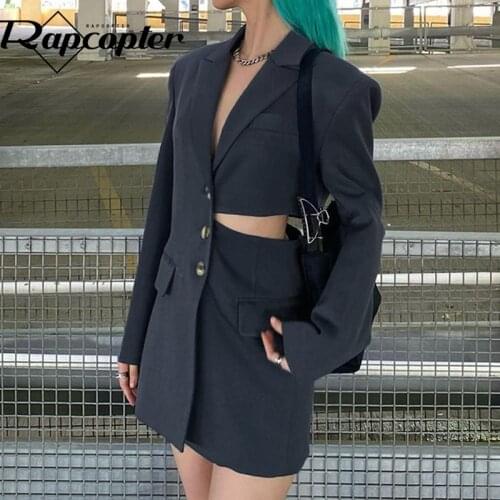 Rapcopter Gray Cut Out Blazers Solid Single-Breasted Jackets Turn Down Collar Autumn Coat Fashion Long Windbreaker Women Korean