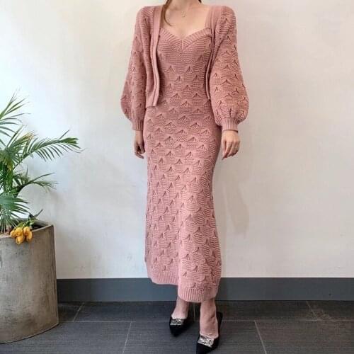 New arrival fashion winter knit set women OL temperament professional single breasted coat and a-line long dress two piece set