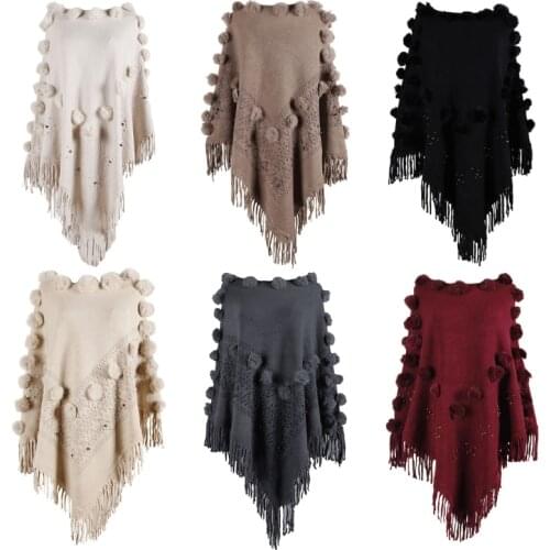 Women Knitted Pullover Sweater Top Crew Neck Off Shoulder Beading Shawl Wrap Plush Pom Poms Fringe Tassel Poncho Cape