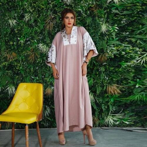 Elegant Dubai Turkish Sequin Maxi Muslim Dress Casual Loose Patchwork Jalabiya for Women Caftan Marocain Islam Pink Kimono Women