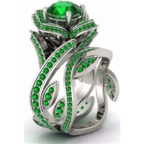 Marcatsa Hollow Rose Flowers Cubic Zircon Ring Tree Leaves Winding Green Gem Crystal Wedding Rings for Women Fashion Jewelry