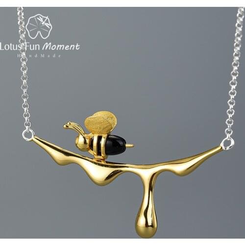 Lotus Fun Moment Bee and Dripping Honey Pendant Necklace Real 925 Sterling Silver Creative Designer Fine Jewelry for Women Gift