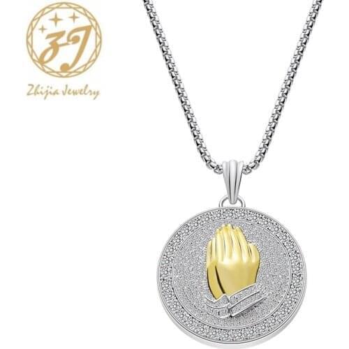 Zhijia trendy round Hands together prayer necklace for men crystal rhinestone necklace dress party jewelry gifts