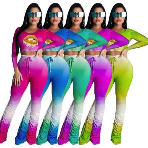 2pcs Womens Cropped Shirt, Ruffle Pants, Long Sleeve Round Collar Elastic Sexy Lip Top, Pleated Sports Lace-up Trousers