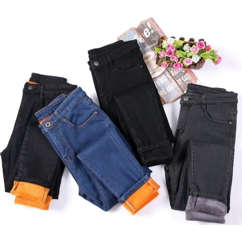 2020 Band Winter Fleece Velvet Pencil Jeans For Women Casual Pants High Elastic Waist Gold Fleeces Inside Warm Pants