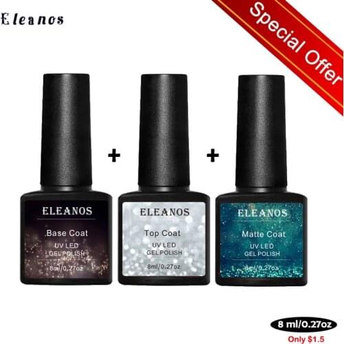 Eleanos 3pcs*8ml Top Coat Gel Polish Base Coat Manicure Nail Varnish Semi Pernanent UV LED Gel Matte Base Coat Nail Gel