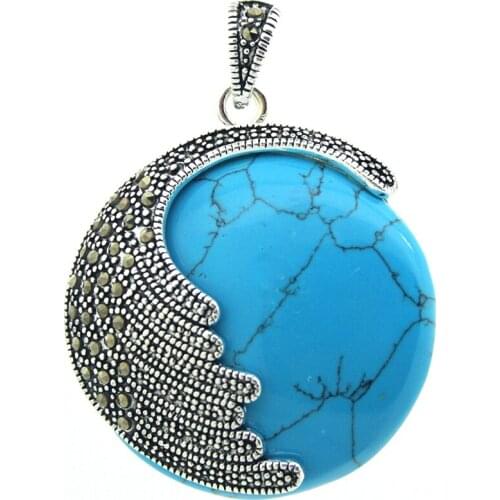 925 Sterling Silver Natural blue Turquoise Round Marcasite Round Pendant 35MM