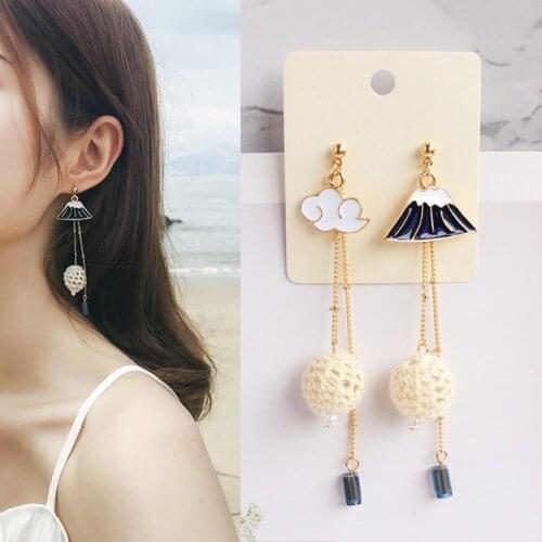 Asymmetric Japanese Style Cute Cloud Mt. Fuji Clip on Earrings Long Pom-Pom Ball Tassel Elegant Mount Fuji Ear Clips for Female