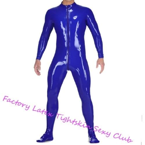 Handmade Male Dark Blue Bodysuit Latex Rubber Catsuit with Front Crotch Zipper Custom Made Jumpsuit Men Cosplay Costumes