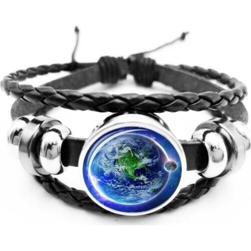 Earth Satellite Bracelet Glass Cabochon Black Leather Snap Button Unicorn Childrens Bracelet Men and Women Jewelry Gifts