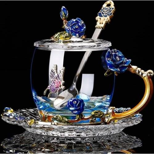 Enamel Water Cup Heat Resistant Glass Rose Flower Tea Cup Family Cup Set Creative Gift