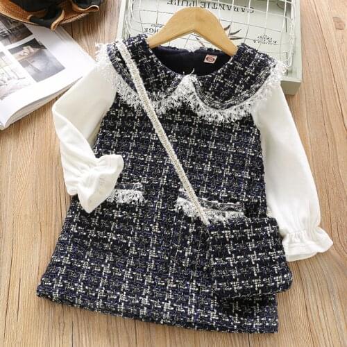 Jargazol Autumn Kids Clothes Knit Plaid Long Sleeve Princess Dress Winter Wam Fleece Toddler Girls Costume with Bag Vestidos