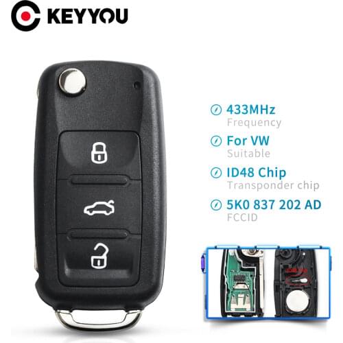 KEYYOU 5K0837202AD 3 Buttons Remote Car Key 434MHz ID48 Chip for VW Volkswagen GOLF PASSAT Tiguan Polo Jetta Beetle Car Keyless