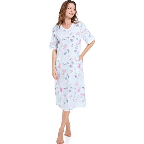 Summer Short-sleeved Night Dress Side Pockets Sleepshirts Plus Size Nightgowns Long Cartoon Homewear Womens Cotton Sleepwear