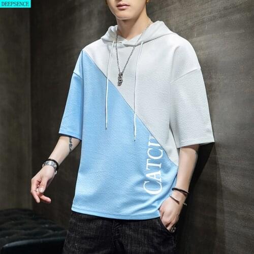 Summer Hooded Men T-Shirt Short-Sleeved Men Splicing Casual Hong Kong Style Trend Art Five-Point Sleeve Loose T-Shirt Men