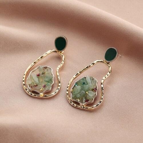 Minar Fashion Irregular Geometric Green Stone Earrings for Women Retro Gold Color Alloy Enamel Dangle Earrings Pendientes 2021