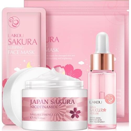 Face Skin Care Set Cherry Blossom Essence Moisturizing Collagen Face Cream & Face Serum & Facial Sleeping Mask Beauty Makeup Set