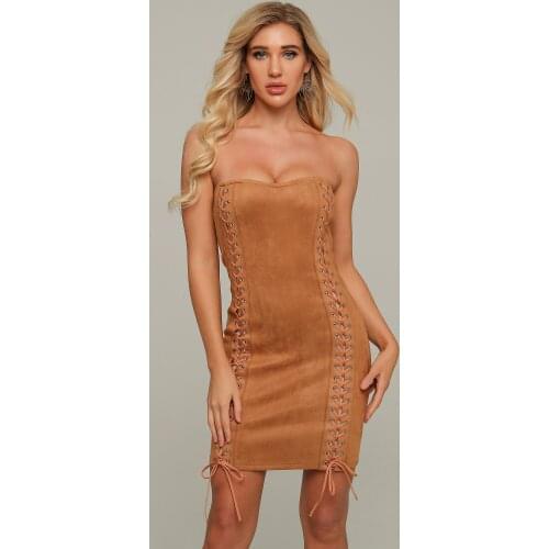 2020 New Brown Strapless Rope Dress Sexy Elebrity Bodycon Party Dress Velvet Mini Dress Vintage Vestios