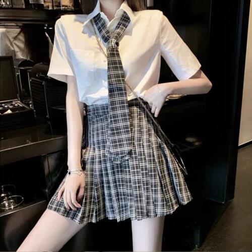 2021 New WomenS Summer JK Uniform Mini Skirt Sets High Waist Slim Sexy Plaid Pleated Skirt Two-Piece Suit