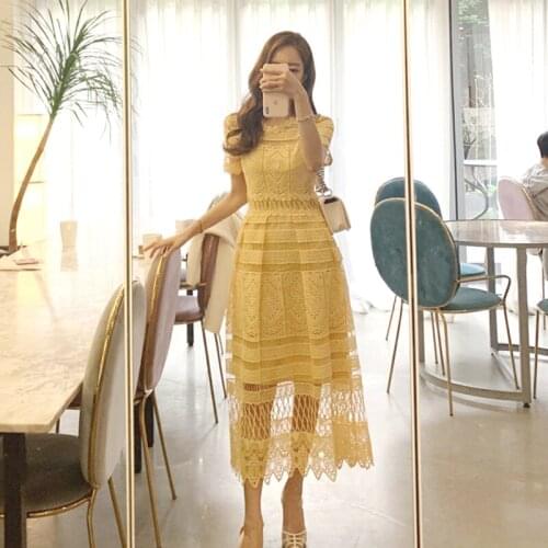 New Tall And Elegant Womens Hollow Lace Long Dress