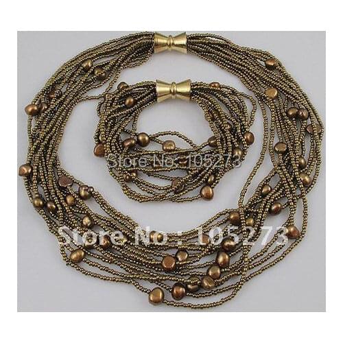 Wholesale Elegant pearl necklace AA 6-9MM Brown color fresh water pearl necklace bracelet 12rows jewelry set A1626