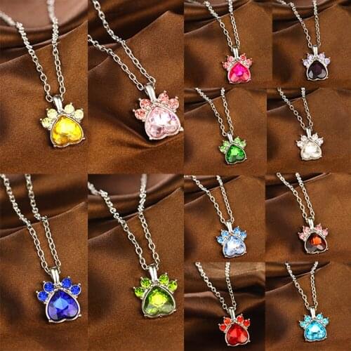 Multicolor Crystal Rhinestone Birth Heart Stone Pendant Dog Paw Claw Chain Necklace Women Girls 12 Months Necklaces Jewelry Gift