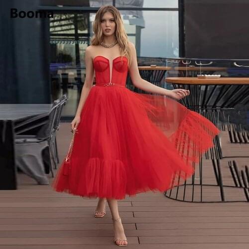 Booma Simple Red Tulle Short Prom Dresses Sweetheart Corset Tea-Length Prom Gowns with Belt A-Line Midi Wedding Party Dresses