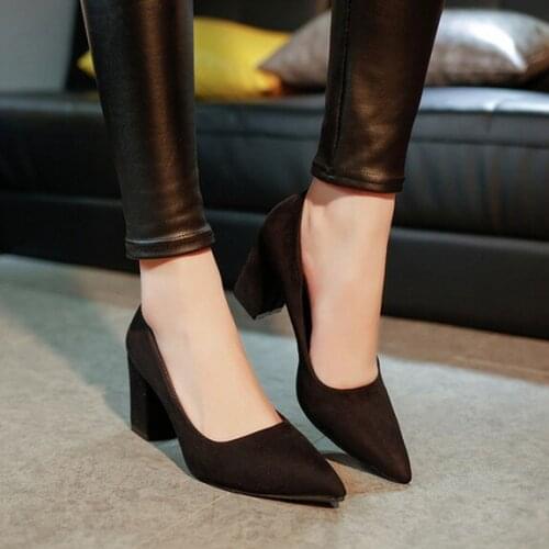 2020Hot NEW Shoes Square Heel Women Pointed Toe Pumps Fashion Gray High Heels Flock Leather Black Party Shoes Plus Big size