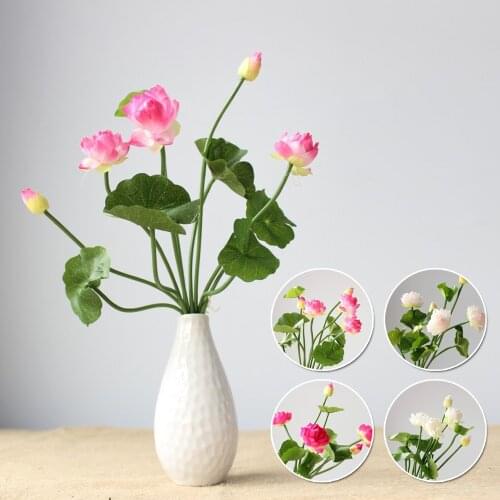 Zen Mini Artificial Fake Lotus Pink White Bud Silk Plastic Flower Plant Wedding Home Floral Decor Length 32cm
