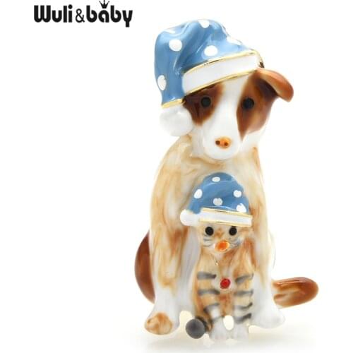 Wuli&baby Wear Hat Friends Dog And Cat Brooches Women 2-color Enamel Animal Office Casual Brooch Pins Gifts