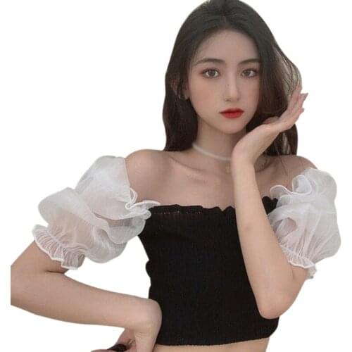 Womens Floral Stitching Square Collar T-Shirt Korean Style Slim Exposed Navel Short Sleeve Knitted Tops