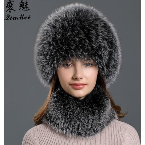 Genuine Fur Hats and Scarf Neck Ring Sets for Womens Wintet New Collar Headband Hand-made Caps Fur Set Knitting Fur Natural Fox