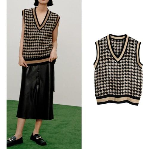 Women Vest Sweaters Plaid Vintage Za Fashion 2021 Sweaters Female Sleeveless Elegant Pullovers Spring Chic Mujer Tops