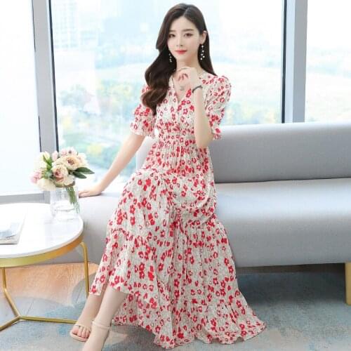 Fashion new summer V-neck Long dress French retro Short sleeve small floral dress 2021Over-the-knee dress