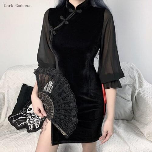 Short lace goth dress womens goth punk belt long sleeve streetwear black mini Vestidos casual dress Chinese style cheongsam