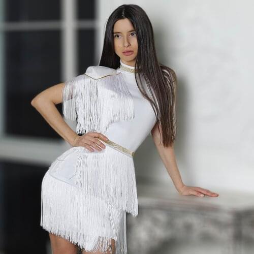 Modern Fringe Metal Striped Bandage Dress White Tassel Short Sleeve Mock Neck Mini Sexy Sheath Party Women Dress Vestido